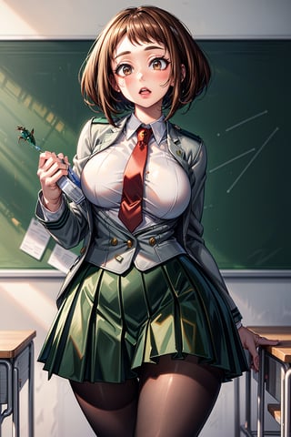 realistic anime style, highly detailed, detailed anime art, extremely detailed, detailed anime artwork, realistic anime, sfw, (full shot), 1girl, solo, uraraka ochako from Boku no hero, hmochako, sexy pose, (narrow waist, wasp waist, wide hips, big thighs, big butt, big breasts, big tits, hourglass shape, curvy, voluptuous, sexy, Detailedface, short hair, brown hair, brown eyes, schoolgirl, school uniform, green skirt, pleated skirt, red necktie, black pantyhose, tights, white shirt, long sleeves, grey jacket, detailed background, classroom), blush stickers,medium breasts