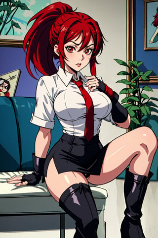 Woman with long red hair, with ponytail, white shirt, red tie, tight miniskirt, long stockings, feminine boots, fingerless gloves, sexy position, anime and cartoon style.