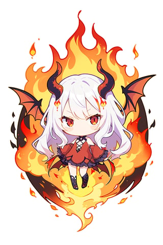 1girl, solo, long hair, looking at viewer, bangs, red eyes, closed mouth, full body, white hair, wings, chibi, fire, demon wings, red wings