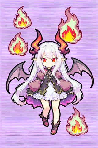 1girl, solo, long hair, looking at viewer, bangs, red eyes, closed mouth, full body, white hair, wings, chibi, fire, demon wings, red wings