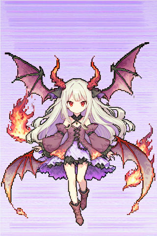 1girl, solo, long hair, looking at viewer, bangs, red eyes, closed mouth, full body, white hair, wings, fire, demon wings, red wings