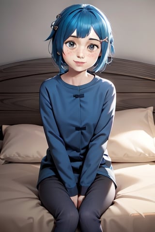 1girl,front_view,blue_hair,facing_viewer,smile,masterpiece,arcane,cute,
asymmetrical bangs,powder from arcane,short hair,freckles ,hairclip,single braid,petite,cute,

ligh_blue_pajama,pajama_pants,bangs,grey eyes,blue hair,braid,hair ornament,
bedroom,sitting_down,pillow,