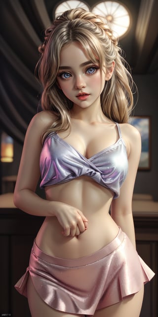 cute beautiful girl in high hills, crop top underboob, niples, short silky skirt, kissing,(highres, highly detailed:1.3), highly detailed face, delicate eyes, perfect_eyes, two Heavy eyelids, modeling and dynamic pose, cinematic lighting, vibrant colors, Detailedface,crop shirt underboob,undressing top