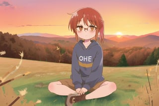 kobayashi,red hair,(hazel brown eyes:1.3),ponytail,glasses,short hair,sweatshirt cian
sitting on a hill in the meadow, with a sunset in the background