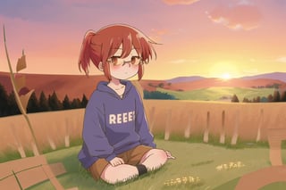 kobayashi,red hair,(hazel brown eyes:1.3),ponytail,glasses,short hair,sweatshirt cian
sitting on a hill in the meadow, with a sunset in the background