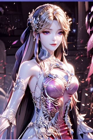 , fairy clothing, fairy spirit, elegant, soft, elegant,
(night), (((blonde_hair:1.3))), (long hair:1.4),
((Purple Eyes)),, slender, slender,,
Best quality, extremely detailed, HD, 8k,
(evil smile), (evil face),
angel_wings,sfw,(red lips),
1 girl, 2.5D animation masterpiece, 1 girl,
Aesthetic style, light color, pink color, soft background,
Long hair, hair accessories, long sleeves, dresses, accessories,
Standing, whole body, hair flower, hair flower, necklace, dress, Hanfu, fairy spirit,