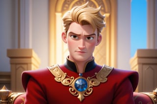 disney pixar style,1male,20 year old, handsome, mature, perfect face, perfect eyes, sculpted jaw, blonde hair, short hair, bare forehead,brown_eyes, masculine, manly, cool, rough, look at the viewer, wearing black princely clothes with gold decoration,(on a palace throne made of metal), in a large palace hall),(masterpiece )extremely detailed, one picture, solo, only 2 hands, ultra detailed,best quality, upper body in frame,3d style,cartoon,disney pixar style,nighttime,score_9, score_8, score_8_up