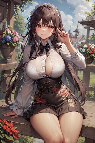 girl, solo, sturdy build, attractive physique, toned figure, hourglass body shape, hips, breasts, (looking at viewer), blush, smile, skirt, pleated skirt, flower printed skirt, large breasts, shirt, white shirt, flowers printed shirt, sitting, very long hair, closed mouth, thighs, earrings, outdoors, miniskirt, swept bangs, lace trim, Detailedface,hu tao,1girl, (random pose)