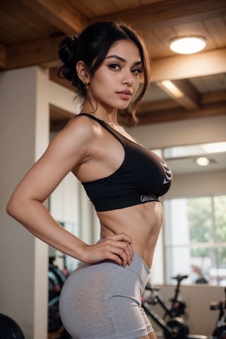 There's a solo woman young beautiful.
Indian woman, face features like Mrunal Thakur,whitish complexion, (wearing brown colour gym shorts and baggy top,  fit body with firm medium breasts,  beautiful eyes, detailed hairs bun hairstyle, eye lens ,confident smile, sexy pose, (facing front flexing forearms with cleavage in front), photorealistic, ((posing sideways with ass and boobs visible with hourglass figure and strong muscles)), realistic detailed background,(focus on detailed background), (focus on facial experessions),boobs,edgGym_bodysuit,GymBall,ball,THONG RED BURUMA