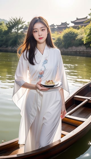 Masterpiece, real photo, (solo) real light and shadow, evening time, HDR backlighting, contour light, long straight reddish-brown hair, lovely Chinese beauty, wearing gorgeous Hanfu, the clothing highlights her perfect body curves, she is holding a plate There is a traditional Chinese rice dumpling. In the background, some people are paddling Chinese dragon-shaped boats by the river to celebrate the Dragon Boat Festival,4k,Ultra HDR