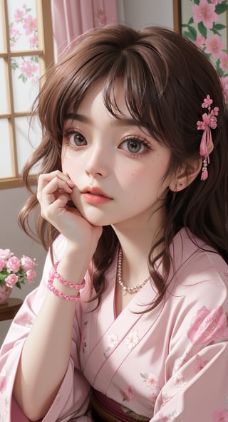 1girl, solo, looking at viewer, brown hair, bow, brown eyes, jewelry, closed mouth, hair bow, japanese clothes, indoors, kimono, blurry, bracelet, lips, depth of field, blurry background, floral print, table, pink bow, head rest, realistic, pink kimono