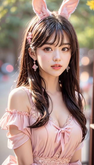1girl, solo, long hair, looking at viewer, smile, brown hair, dress, bow, animal ears, bare shoulders, brown eyes, jewelry, upper body, hair bow, earrings, outdoors, day, rabbit ears, blurry, lips, wrist cuffs, blurry background, fake animal ears, pink bow, pink dress, realistic