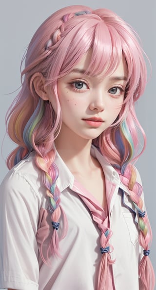 1girl, solo, long hair, looking at viewer, smile, bangs, brown hair, shirt, brown eyes, school uniform, white shirt, upper body, pink hair, braid, short sleeves, multicolored hair, lying, teeth, serafuku, sailor collar, twin braids, lips, neckerchief, gradient hair, realistic