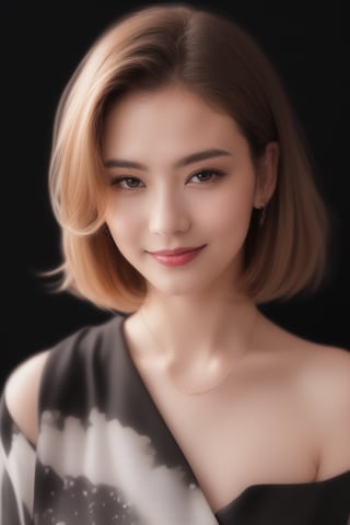 (((Close-up of face)))、(((Absolutely shoulder-length brown straight short bob)))、(((She is posing like a hair salon model, with a black wall indoors as the background.)))、(((Casual black winter long sleeves with shoulders covered)))、Half Japanese, half Korean、18 year old girl、Standing Alone、Looking forward、Light eye makeup、Brown Hair Color、Flat and 、Hair blowing in the wind、Actress Quality、Glossy, ultra-realistic face、Smiling face、Watery eyes、Gazing Up、Subtle lighting effects、 Ultra-Realistic Capture、Very detailed、High resolution 16K close up of human skin。Skin texture must be natural、The details must be such that pores can be clearly seen、The skin is healthy、Uniform tone、Use natural light and colors、A worn-out, high-quality photo taken by a model agency&#39;s in-house photographer.、smile、(((SIGMA 300 mm F/1.4,1/1000 sec shutter,ISO 400))),Korean