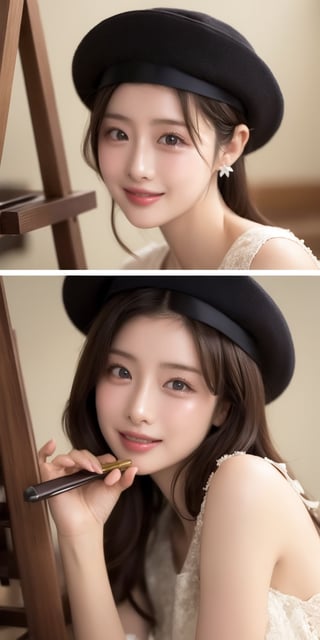 background is glassland,horizon,forest,easel,
18 yo, 1 girl, beautiful korean girl,sit on glassland, making a picture,painting,sit aside easel,holding a palette left hand,painting brush right hand,
happy smile,wearing lovely dress(princess),women hat(small),
solo, {beautiful and detailed eyes}, dark eyes, calm expression, delicate facial features, ((model pose)), Glamor body type, (dark hair:1.2),
simple tiny necklace,simple tiny earrings, flim grain, realhands, masterpiece, Best Quality, 16k, photorealistic, ultra-detailed, finely detailed, high resolution, perfect dynamic composition, beautiful detailed eyes, eye smile, ((nervous and embarrassed)), sharp-focus, full_body, cowboy_shot,,Korean,Japanese