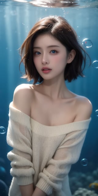 1girl, solo, looking at viewer, short hair, blue eyes, brown hair, black hair, collarbones, parted lips, water, lips, white sweater, sunlight, bubbles, underwater, ((small bubbles)), red balloons,Korean,Japanese