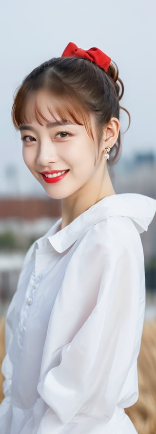 full body,a beautiful young girl, farmer,oval face, grin, red lips, detail lips, small earrings,intricate high quality details,city background , long ponytails, bow on head, photorealistic,perfect light,Korean,Japanese,Beauty