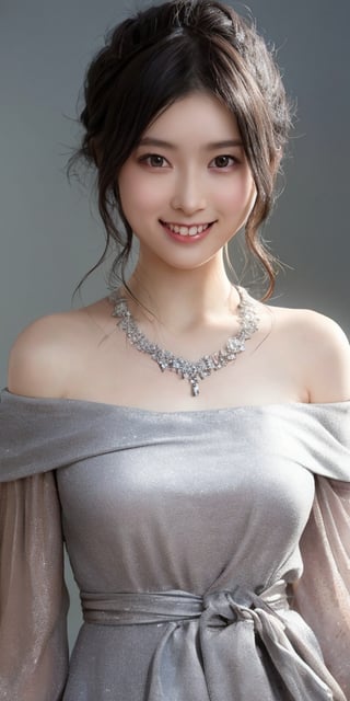 A stunning portrait of a Japanese idol with her hair styled in an elegant updo, big smile, necklace, off-shoulder dress, showcases a mesmerizing crystal and silver entanglement above her waist. The high-definition image is a masterpiece, featuring intricate textures and hyper-quality details that leap off the page. Every delicate texture is meticulously rendered, ,idol