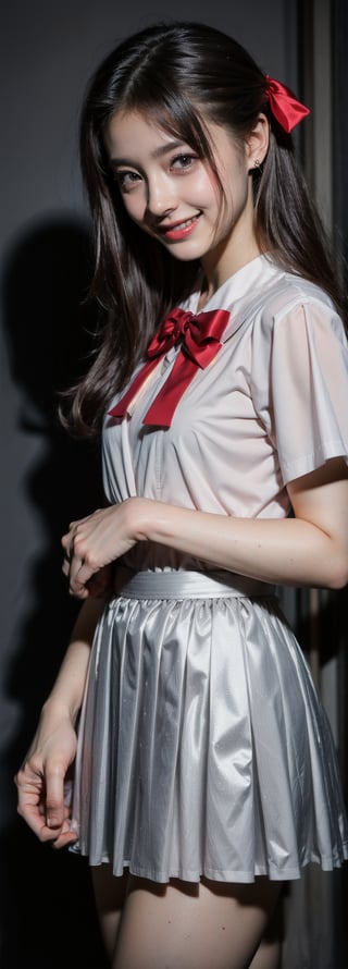 (Masterpiece, Top Quality, Best Quality, Official Art, Beauty and Aesthetics: 1.2), HDR, high contrast, wide shot(majestic:1.5), hyper realistic, highly detailed, uhd:1.3, RAW photo, ,Japanese ,Idol,1girl, grin, bow on head, pale skin,  school_uniform, pleated_skirt