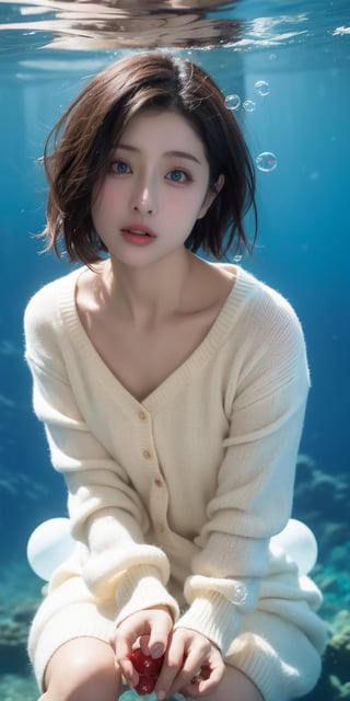 1girl, solo, looking at viewer, short hair, blue eyes, brown hair, black hair, collarbones, parted lips, water, lips, white sweater, sunlight, bubbles, underwater, ((small bubbles)), red balloons,Korean,Japanese