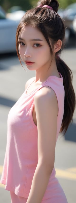 (best quality, masterpiece), 1girl, looking at viewer, blurry background, upper body, contemporary, dress, pretty, sporty clothes, brown hair, cute pink top, ponytail, CK, ,Beauty,Korean