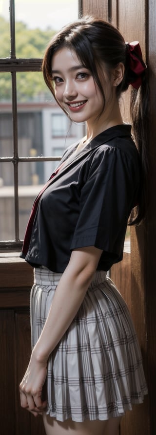 (Masterpiece, Top Quality, Best Quality, Official Art, Beauty and Aesthetics: 1.2), HDR, high contrast, wide shot(majestic:1.5), hyper realistic, highly detailed, uhd:1.3, RAW photo, ,Japanese ,Idol,1girl, grin, bow on head, pale skin,  school_uniform, pleated_skirt