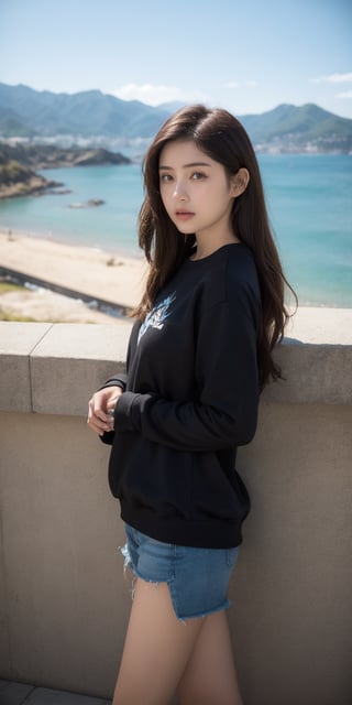 18-year-old girl, looking towards a place not visible to the viewer. José de la Cruz is wearing a black sweatshirt. Behind her there is a sea and small mountains. Hyperrealistic. Photorealistic. ,Korean,Japanese