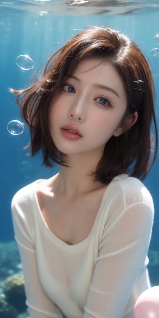 1girl, solo, looking at viewer, short hair, blue eyes, brown hair, black hair, collarbones, parted lips, water, lips, white sweater, sunlight, bubbles, underwater, ((small bubbles)), red balloons,Korean,Japanese