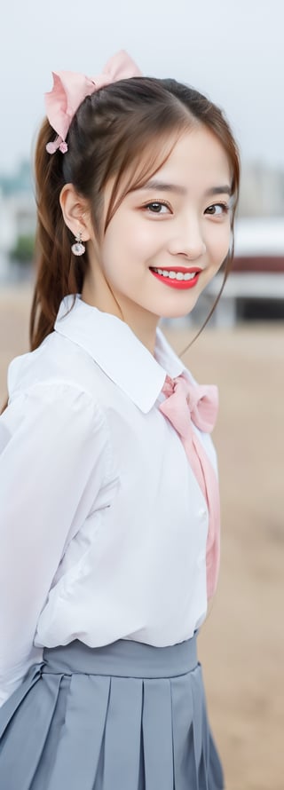 full body,a beautiful young girl, 10 years old,oval face, grin, red lips, detail lips, small earrings,intricate high quality details,city background , long ponytails, bow on head, pink school_uniforms, blue pleated_skirt, photorealistic,perfect light,Korean,Japanese,Beauty