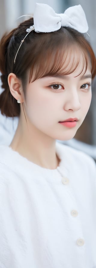 a beautiful young girl, oval face, frosty lips, small earrings,intricate high quality details,city background , lonr ponytails, bow on head, photorealistic,perfect light,Korean,Japanese