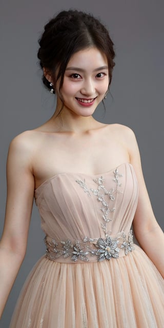 A stunning portrait of a Japanese idol with her hair styled in an elegant updo, smile, chiffon dress, showcases a mesmerizing crystal and silver entanglement above her waist. The high-definition image is a masterpiece, featuring intricate textures and hyper-quality details that leap off the page. Every delicate texture is meticulously rendered, 