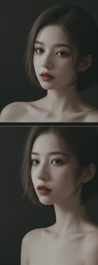 a beautiful girl 18 years, with silver short hair, messy hair, red lipstic, full lips,  soft lighting, detailed, more Flowing rhythm, elegant, low contrast,Korean,Japanese,perfect light