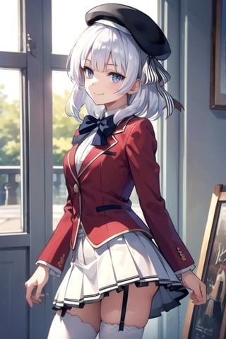 //Quality,
(masterpiece), (best quality), 8k illustration
,//Character,
1girl, solo, smile
,//Fashion,
,//Background,
indoors, chess, 
white hair, medium hair, braid, blunt bangs, beret, black headwear, hat ribbon, blue bowtie, red jacket, blazer, long sleeves, white skirt, pleated skirt, garter straps, white thighhighs,underwear