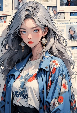 newspaper wall, looking at viewer, blue eyes, white shirt, solo, shirt, earrings, upper body, grey hair, jewelry, 1girl, print shirt, blue jacket, long hair ,guweiz style