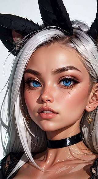 1girl, solo, long hair, smile, blue eyes, jewelry, closed mouth, white hair, earrings, choker, lips, animal, black choker, cat, looking up, portrait, freckles, on head, animal on head, cat on head,AIDA_LoRA_BelK