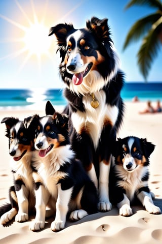 Hyper realistic, a spectacular female boarder collie, a beautiful sunny day, on a perfect tropical beach , sun shining from high above, boarder collie is nursing 4 little baby pups, she is so excited looking forward at camera . Realistic photo, photo realistic view  