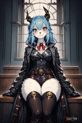 High quality, masterpiece, viking, 1girl, sole_female, short spiky blue hair, brigth red pupils, steampunk outfit, sitting in a steampunk style mechanical center, eyesgod, nodf_lora, furry,furry female