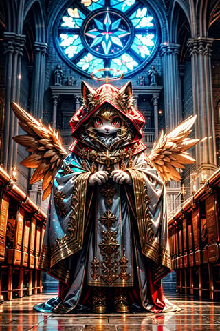 High quality, masterpiece, 1girl, sole_female, shiny ligth blonde hair, red_eyes, furry, entire body covered in fur, big wings on her back, a halo, long tunic, standing in the middle of a church