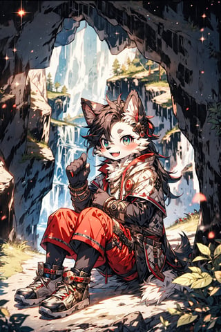 High quality, masterpiece, 1boy, midjourney, eyesgod, niji, furry, perfect light, snake_eyes, brigth_red_puppils, medium_long black hair, FurryCore, sitting in a cave with shining crystals,viking