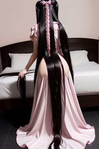 Epic long black hair  (really  epic long hair) , awesome long hair ,behind view ,back post ,sexy pink maid dress,  sexy floor length straight long hair, 