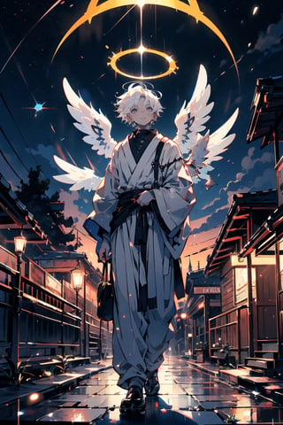 a boy remisnicing of the past, white hair, pale skin, nice clothes, baggy, vintage, night, looking up, night_sky, angel_halo,halo,Holy light,anime boy