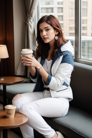 Full body photograph of a girl, 24 years old, looking like Kriti sannon, red hair, green eyes, long hair, white t-shirt, blue jacket, white jeans, blue sneakers, beautiful silver earrings,Elegant, sitting, (((drinking a coffee inside a hotel))), in front of a window, in New York, dynamic agle, cinematic lighting.