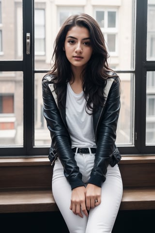  a girl age 24 years, looking like Kriti sannon, black wavy long hair, brown eyes, white t-shirt, blue jacket, white jeans,Elegant, sitting in front of a window, in Amsterdam road, dynamic agle, cinematic lighting. Change pose,