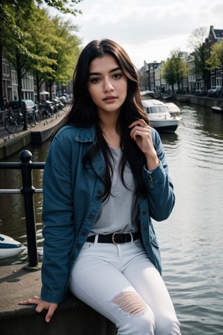  a girl age 24 years, looking like Kriti sannon, black wavy long hair, brown eyes, white t-shirt, blue jacket, white jeans,Elegant, sitting in front of a lake, in Amsterdam road, dynamic agle, cinematic lighting.