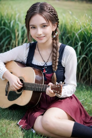 1girl, solo, looking at viewer, smile, brown hair, dress, jewelry, sitting, braid, outdoors, socks, necklace, black footwear, blurry, cosplay, grass, instrument, guitar, indian style, playing instrument, acoustic guitar,xxmix_girl
