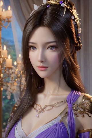 best quality,masterpiece,realistic,ultra-fine painting,extreme detail description,Professional,Vivid Colors,extremely detailed CG unity 8k wallpaper,an extremely delicate and beautiful,official art,sweet and delicate girl,delicate facial features,(perfect bright figure:1.1),surrounded,Bright,romantic long hair,natural light,warm and sweet,a girl,upper body,,black long hair,purple eyes,purple skirt,veil,Xziling,xxmixgirl,,(big breasts:1.29),More Reasonable Details