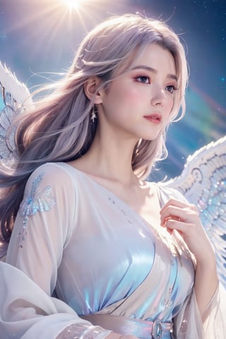 (masterpiece, best quality, CGI, official art:1.2), (stunning celestial being:1.3), (iridescent wings:1.4), shimmering silver hair, piercing sapphire eyes, gentle smile, (luminous aura:1.2), soft focus, whimsical atmosphere, serene emotion, dreamy tone, vibrant intensity, inspired by Hayao Miyazaki's style, ethereal aesthetic, pastel colors with (soft pink accents:1.1), warm mood, soft golden lighting, diagonal shot, looking up in wonder, surrounded by (delicate clouds:1.1) and (shimmering stardust:1.2), focal point on the being's face, intricate textures on wings and clothes, highly realistic fabric texture, atmospheric mist effect, high image complexity, detailed environment, subtle movement of wings, dynamic energy.,Xyunxiao