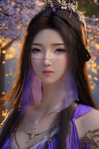 best quality,masterpiece,realistic,ultra-fine painting,extreme detail description,Professional,Vivid Colors,extremely detailed CG unity 8k wallpaper,an extremely delicate and beautiful,official art,sweet and delicate girl,delicate facial features,(perfect bright figure:1.1),surrounded,Bright,romantic long hair,natural light,warm and sweet,a girl,upper body,,black long hair,purple eyes,purple skirt,veil,Xziling,xxmixgirl