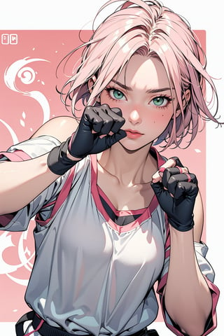 1girl with short pink hair and green eyes named Sakura Haruno, fitness, fit, gym, martial arts, kata,, harunoshipp,fitballv2,Fit girl,ball,Ringfittrainee