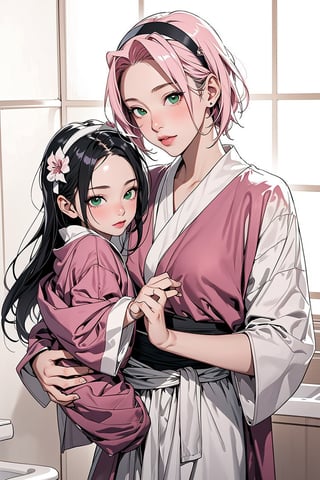 2girls, 1woman with short pink hair and green eyes named Sakura Haruno, 1girl with short black hair and black eyes named Sarada Uchiha, mother and child, family, bathhouse, bath, bathrobe, bathroom, onsen, harunoshipp, hairband,Saradauchiha,cgi,white bathrobe